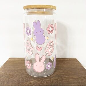 Cute Bunny and Flower Libbey Glass Can with Bamboo lid and Straw